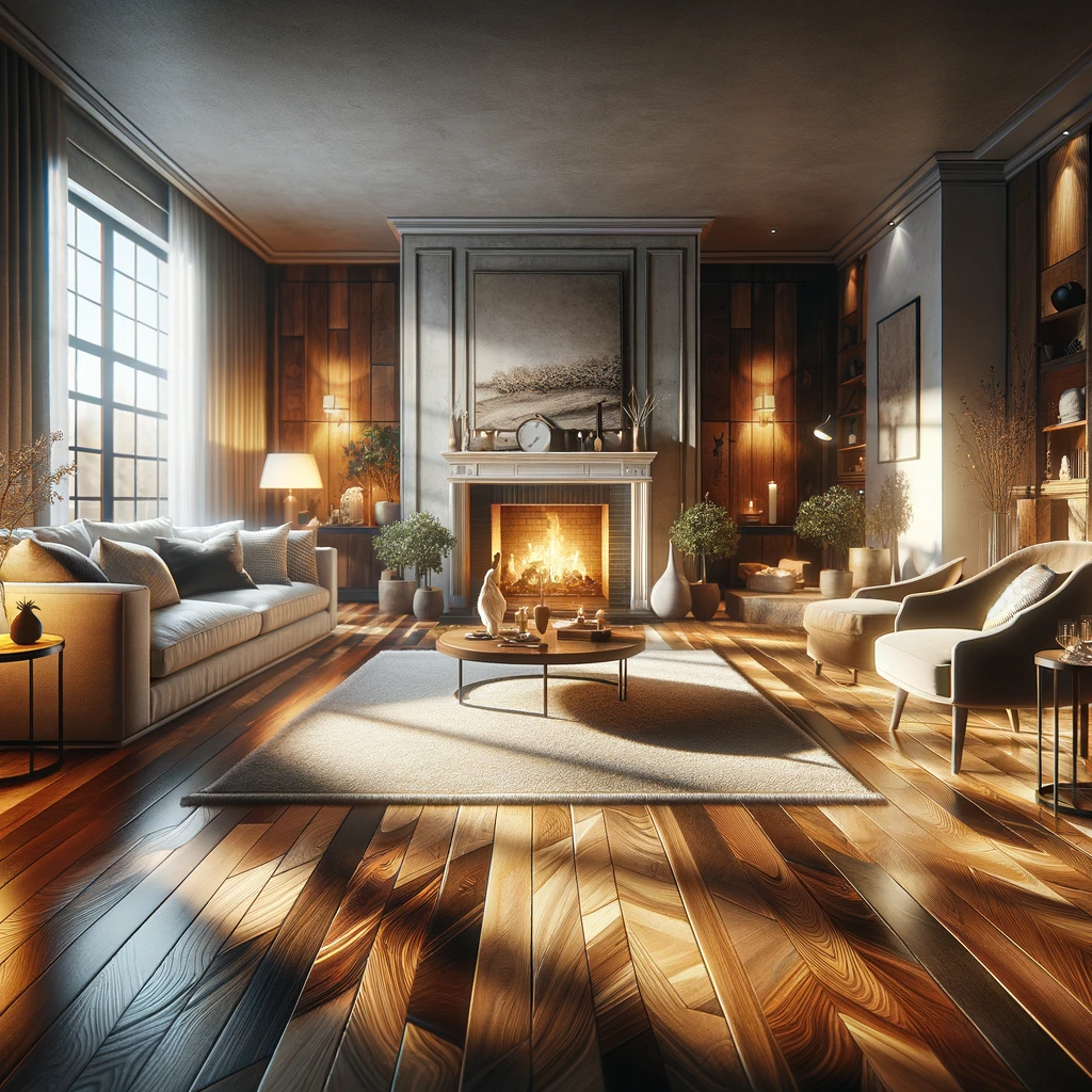 An image of a cozy living room with warm hardwood flooring, showcasing natural wood grain. Comfortable furniture, including a sofa and coffee table, adorn the space, along with a fireplace, small rug, potted plants, and wall art, enhancing the room's elegant and welcoming atmosphere.