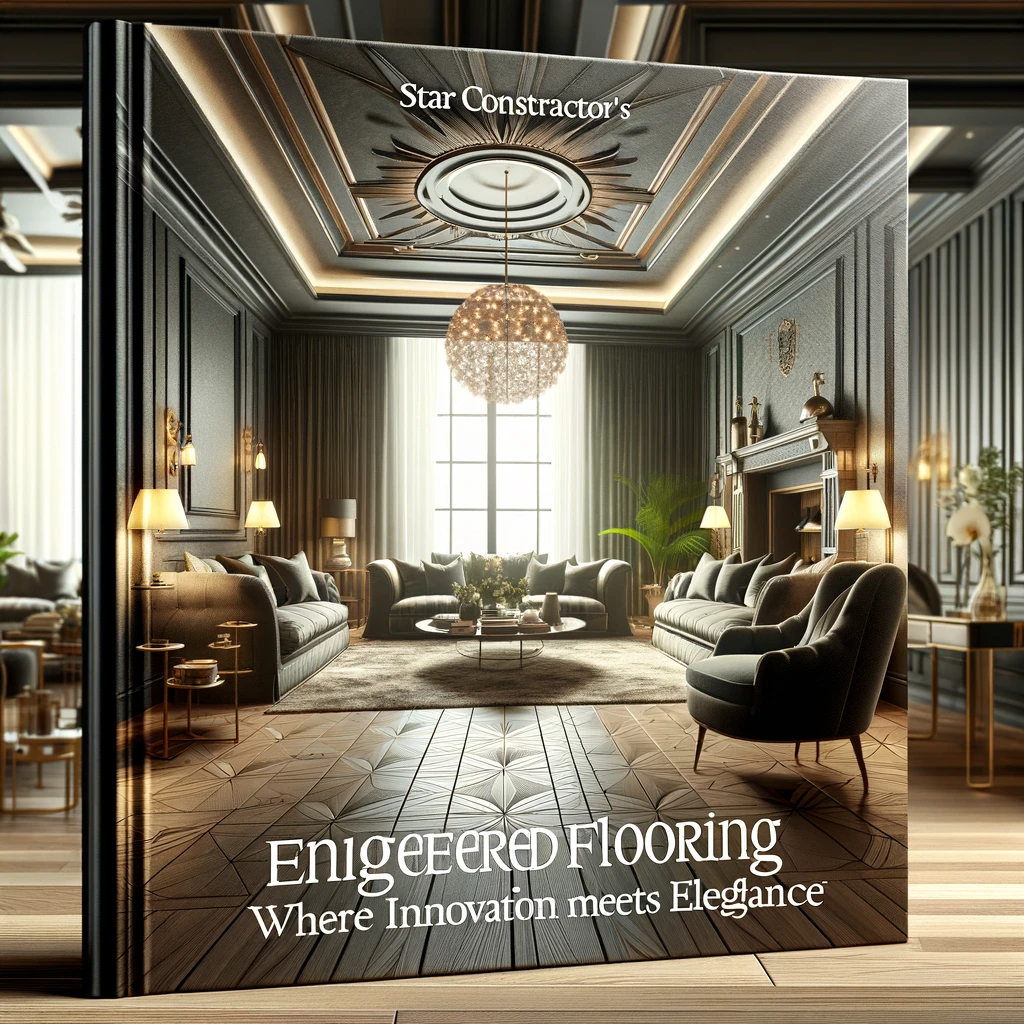 Book cover image showing a sophisticated interior with elegant and modern engineered flooring, featuring unique patterns. The room reflects a blend of technology and classic elegance, with decor and furnishings enhancing the engineered flooring's appeal, embodying innovation and elegance.