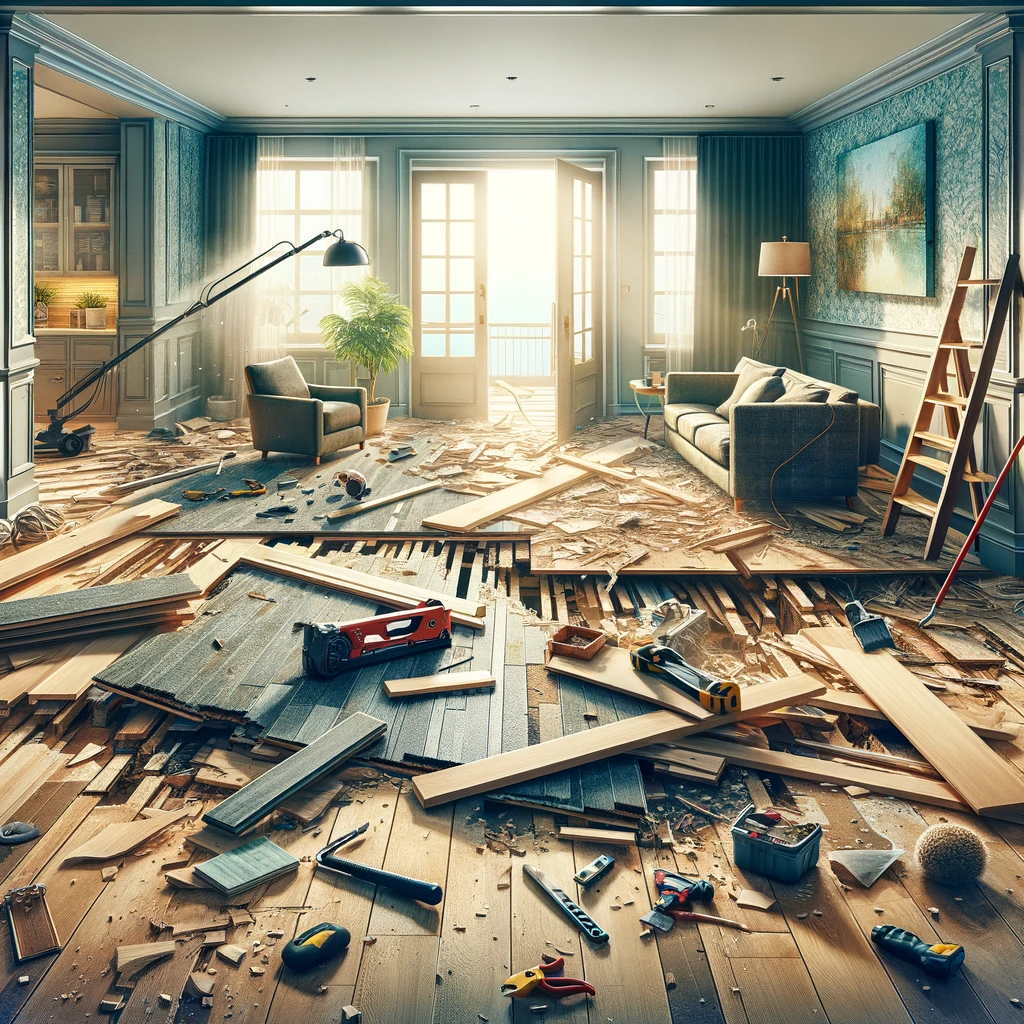 Image depicting a room during flooring demolition, with tools and pieces of old flooring material scattered, and part of the floor removed to reveal the subfloor. The scene conveys the process of renewal and preparation for new flooring installation