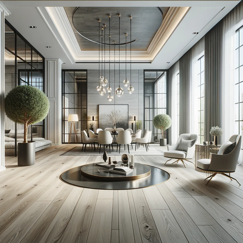 Advertisement image of an interior space in Boise, Idaho, featuring top-notch Luxury Vinyl Plank flooring. The room is modern and elegantly decorated, emphasizing the quality and style of the LVP flooring