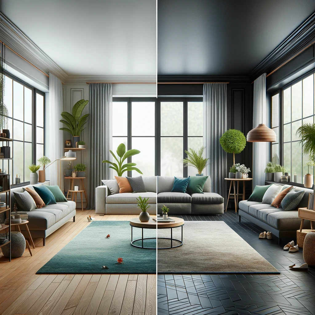 Promotional image depicting a room before and after professional flooring installation. The 'before' side shows a plain, unremarkable space, while the 'after' side features the room transformed with vibrant, modern flooring, illustrating the dramatic improvement