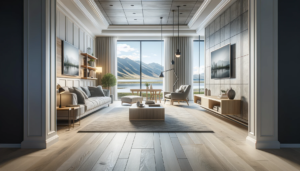 A modern, spacious living room with sleek luxury vinyl plank flooring. Stylish furniture is arranged around the room, and a large window offers a view of mountains, suggesting an Idaho setting. The image exemplifies high-quality LVP flooring installation