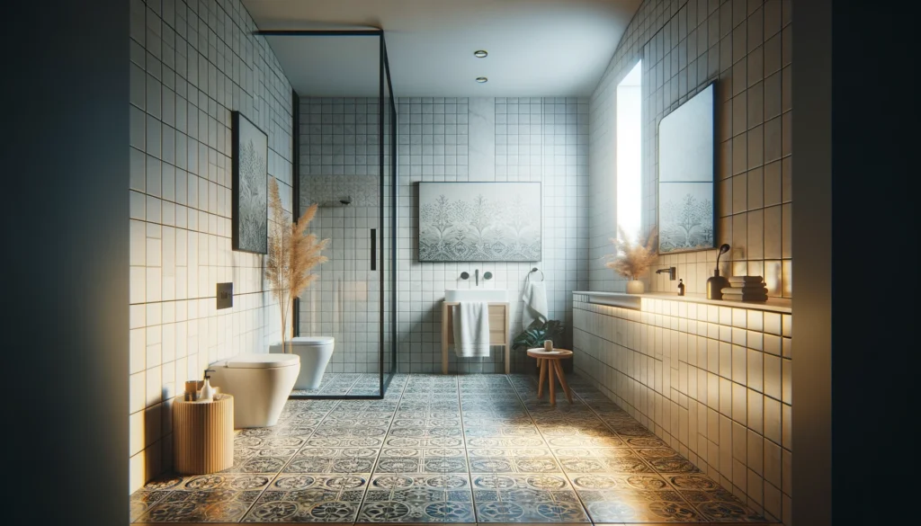 A modestly sized, well-lit bathroom with simple and stylish tile patterns on the floor and walls, furnished with modern fixtures, epitomizing minimalist elegance