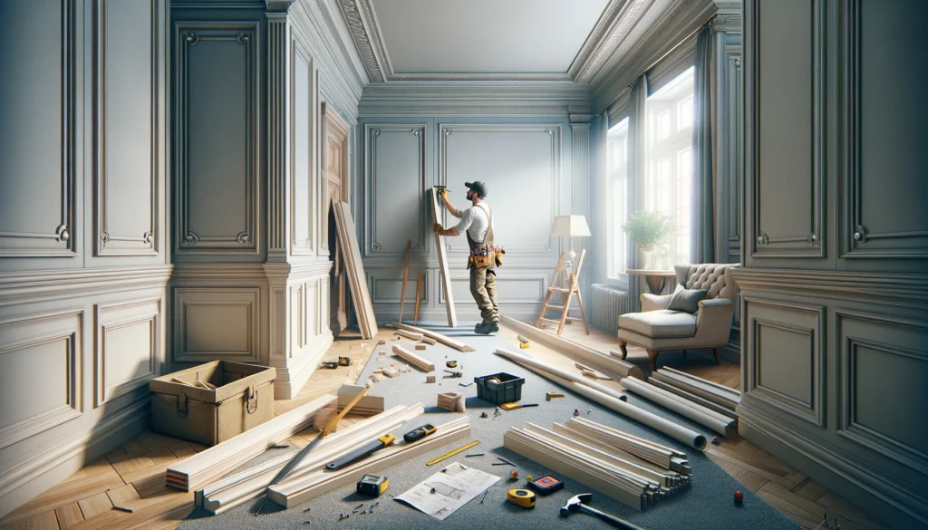 A skilled worker fitting trim in a partially finished room, with woodworking tools and detailed craftsmanship visible