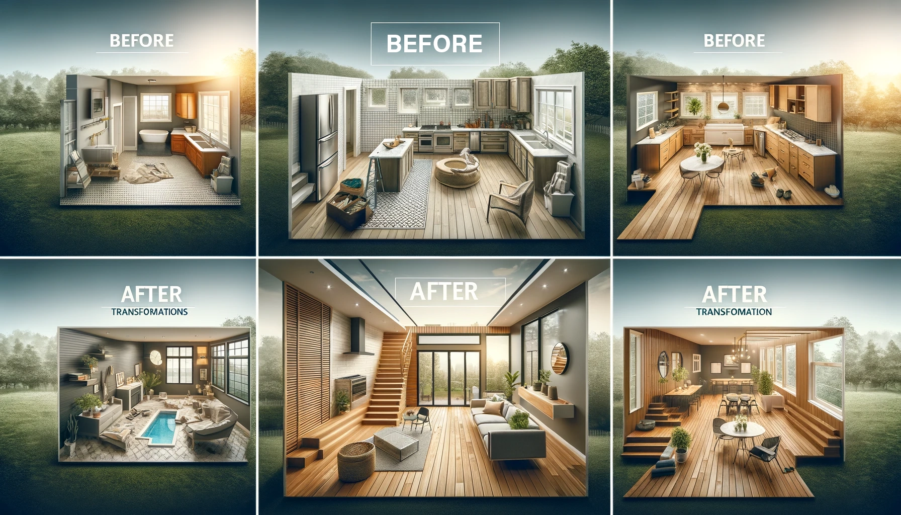 Before and after images of home remodeling projects, including a kitchen remodel, bathroom upgrade, flooring renovation, and outdoor decking, showcasing dramatic transformations